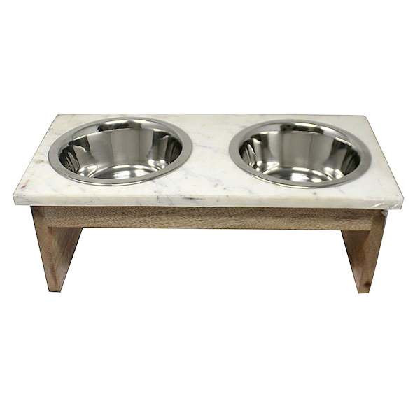 Wooden Double Dinner Dog Bowls With Marble Top, Natural, sold by At Home | At Home