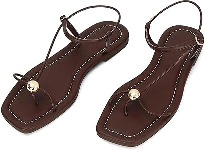 Amazon.com | XBKXMK Chocolate Brown Strappy Flat Sandals for Women Comfortable Dressy Summer Beac... | Amazon (US)