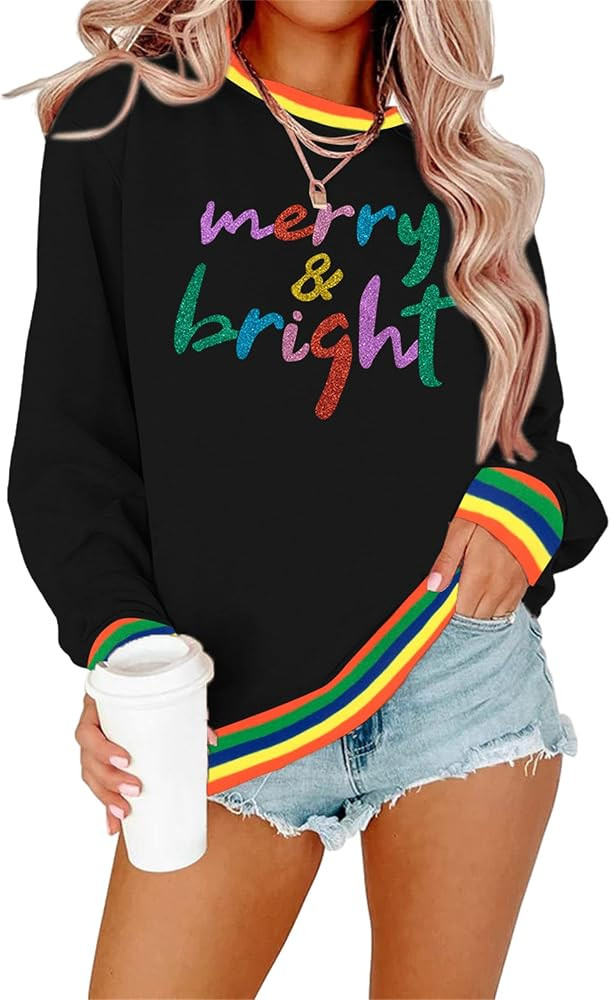 Merry And Bright Sweatshirt For Women Merry Christmas Sweatshirt Christmas Party Hoodie Sequin Lo... | Amazon (US)