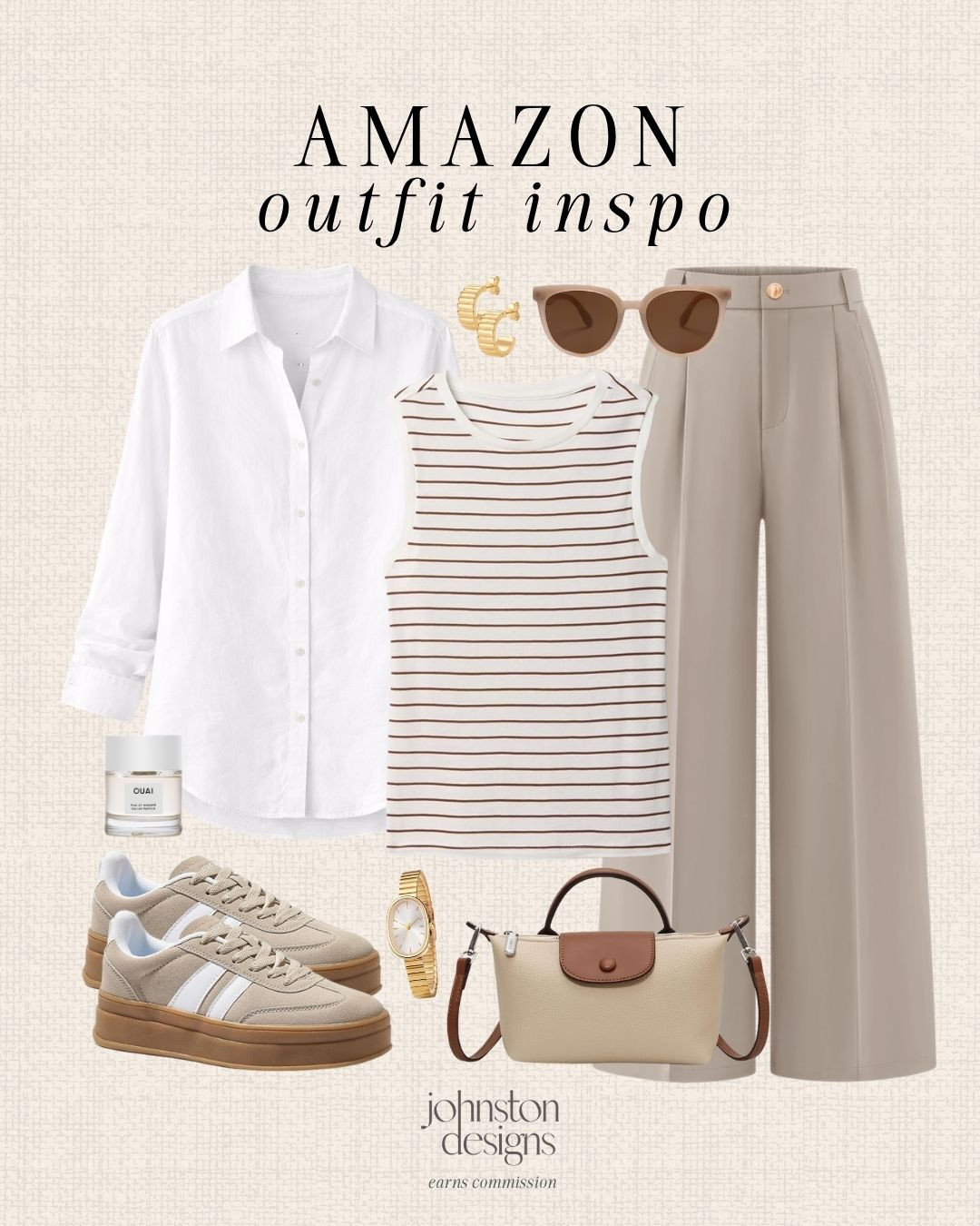 Amazon outfit inspo featuring a neutral, elevated everyday look with a crisp white button down layered over a brown and white striped tank, paired with high waisted tailored trousers for a polished, effortless feel. Styled with classic sneakers, a structured crossbody bag, gold jewelry and oversized sunglasses for a chic casual outfit that works from errands to travel days seamlessly. ✨

#amazonoutfitinspo #neutraloutfitideas #elevatedcasual #everydaystyle #amazonfashionfinds #minimaloutfit #capsulewardrobe #ltkstyle #chiccasual #outfitinspo 

 #LTKootd #LTKWorkwear