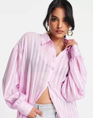 ASOS DESIGN oversized shirt in pink sheer metallic thread stripe | ASOS (Global)