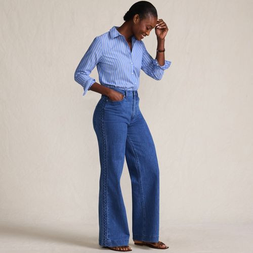 Women's Petite Soft Denim High Rise Wide Leg Braided Jeans - Lands' End - Blue - 12 | Lands' End (US)