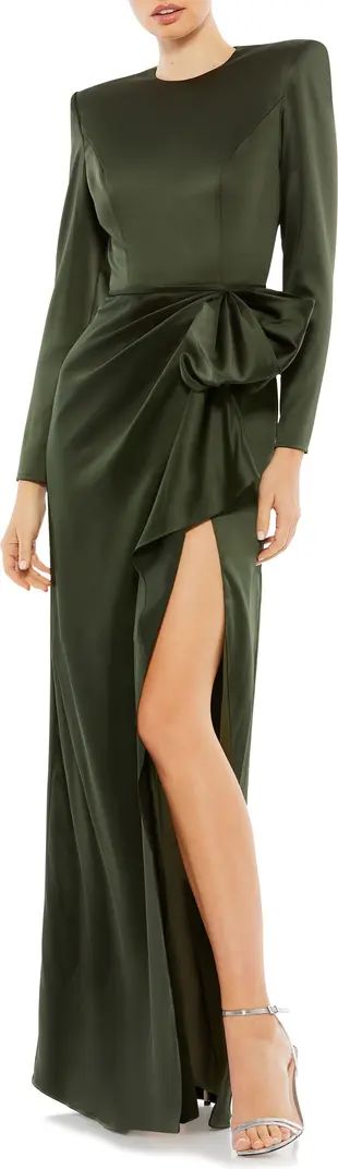 Satin Bow Long Sleeve Column Gown | Nordstrom