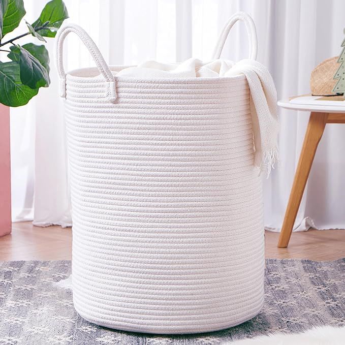 White Woven Laundry Hamper Basket, 15Dx20H inches Tall Cotton Rope Laundry Basket for Blanket, La... | Amazon (US)
