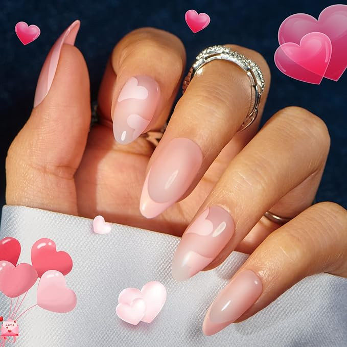 Valentines Day Press on Nails Short Almond Fake Nails, Pink Full Cover False Nails with Heart Des... | Amazon (US)