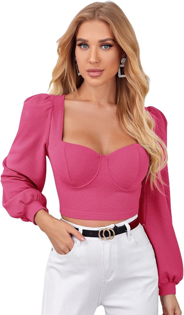 SheIn Women's Elegant Sweetheart Neck Lantern Long Sleeve Solid Crop Top Blouse | Amazon (US)