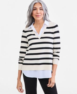 Style & Co Women's Two-Fer Striped V-Neck Sweater, Macy's Exclusive - Palomino Stripe | Macy's