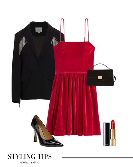 A velvet red mini dress paired with a black blazer with rhinestone fringe, black heels, handbag, and lipstick makes a great holiday outfit. .
.
.
.
.
.
.
.
#LTKholiday #LTKSeasonal #LTKxAF #LTKGiftGuide #LTKU #LTKbeauty #LTKcurves #LTKitbag #LTKsalealert #LTKshoecrush #LTKstyletip #LTKunder50 #LTKunder100 #LTKworkwear

Winter outfit | holiday dress | date night  outfits | velvet dress | red dress | winter dress outfit | Christmas dress | cocktail dress | dinner dress |  black blazer outfit | womens blazer | holiday party outfits | Christmas outfit | dress shoes | black pumps | red lipstick | designer bags | fall bags | fall shoes 