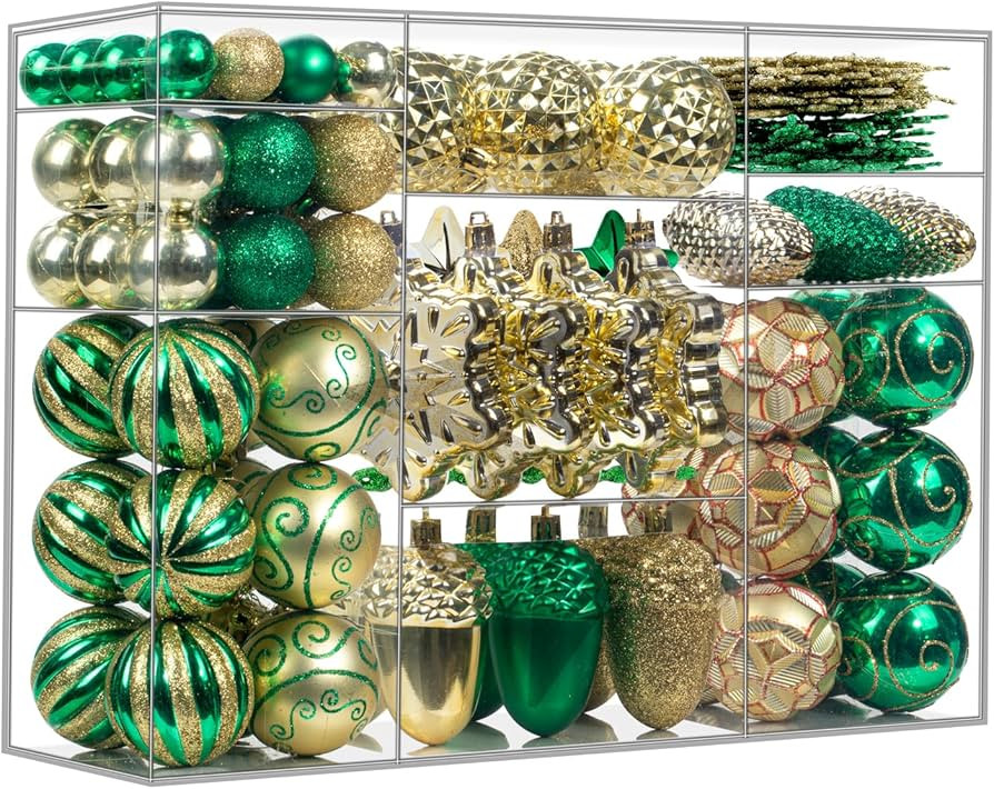 110Pcs Christmas Ball Ornaments Set, Assorted Green and Gold Christmas Ornaments for Xmas Tree, S... | Amazon (US)