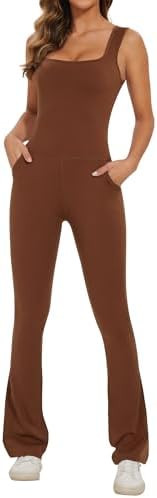 Lingswallow Flare Jumpsuits for Women Bodycon Square Neck Tank Top Wide Leg Full Bodysuit Workout... | Amazon (US)