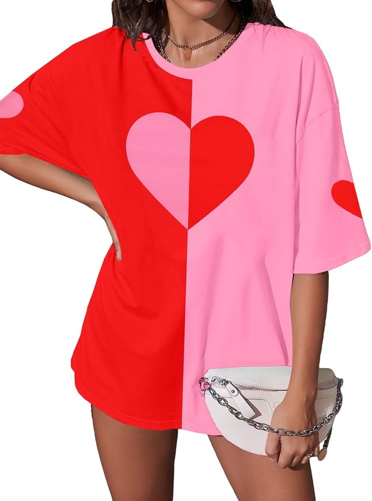 Heart Shirts for Women Oversized Love Shirt Valentines Shirts Cute Graphic Tees Short Sleeve Tops | Amazon (US)