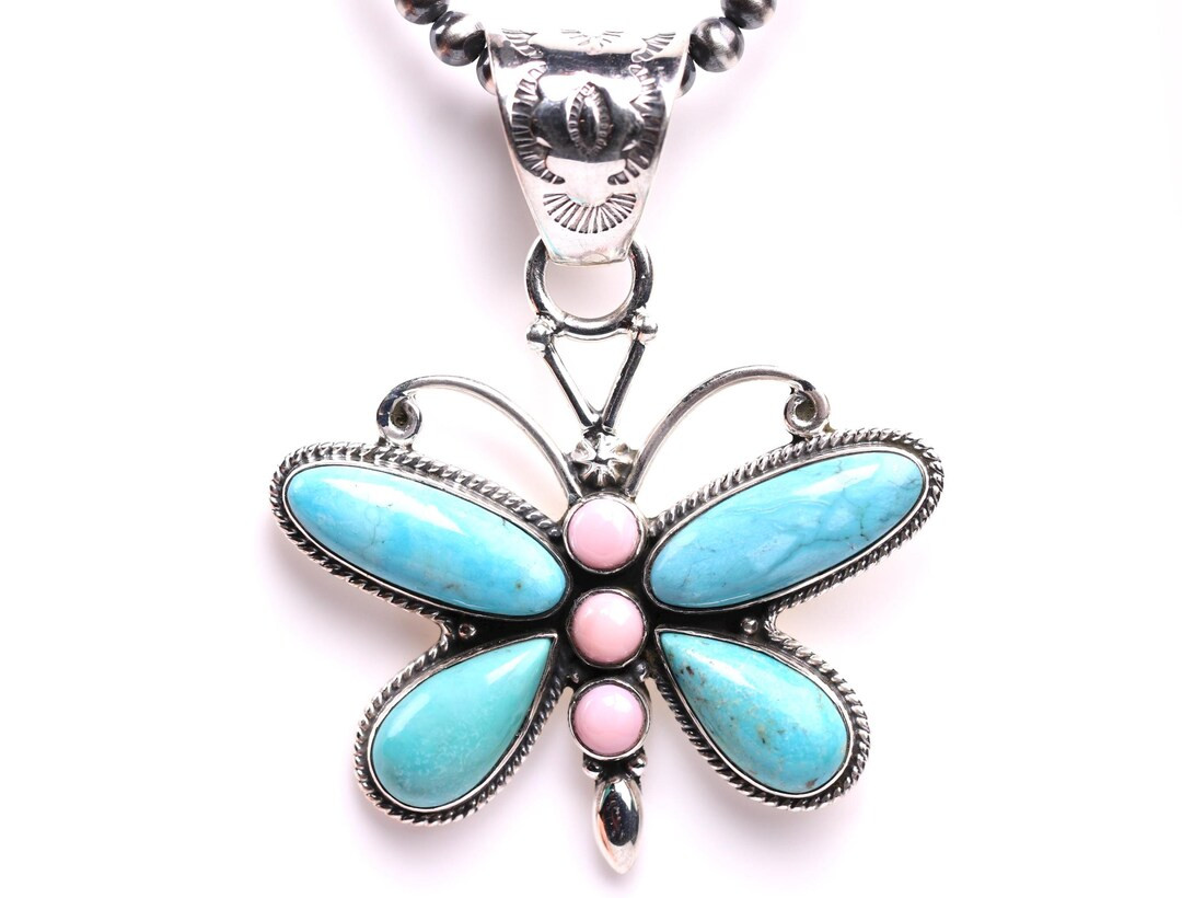Southwestern Turquoise & Pink Conch Shell Butterfly Pendant - Sterling Silver One of a Kind South... | Etsy (US)