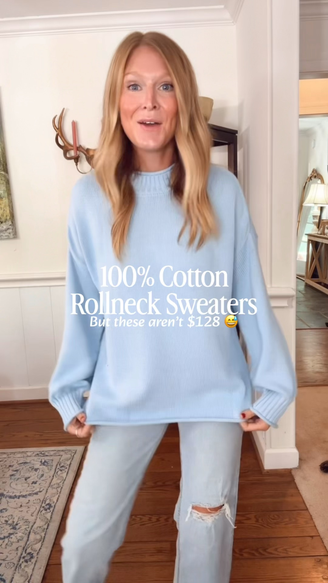 100% cotton, $30 roll neck sweater from Amazon! Looks sooo similar to the JCrew version but almost $100 less! 
I’m in size L for an oversized fit.