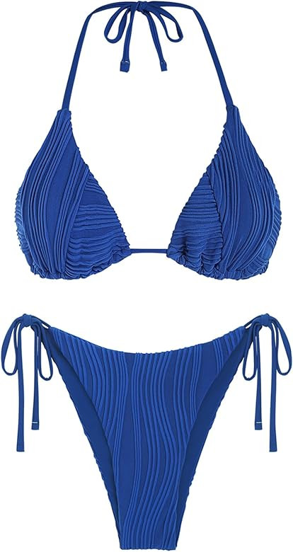 ZAFUL Bikini Sets for Women Halter Two Piece Swimsuit Ribbed High Cut Tie Side Thong Bathing Suit... | Amazon (US)