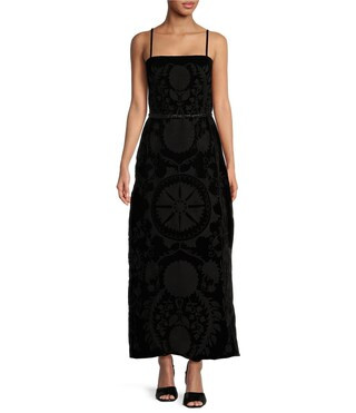 Velvet Embroidered Square Neck Spaghetti Strap Belted Column Maxi Coordinating Dress | Dillard's