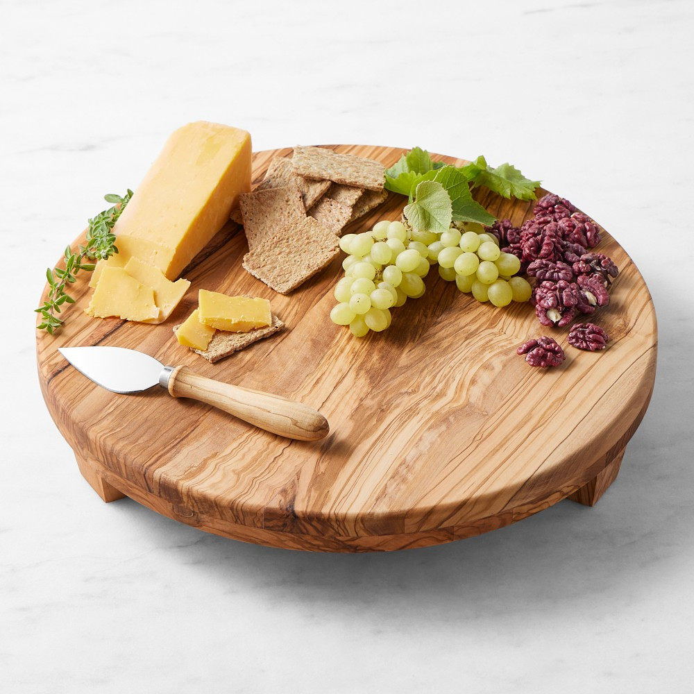 Olivewood Round Footed Pedestal with Cheese Knives | Williams-Sonoma