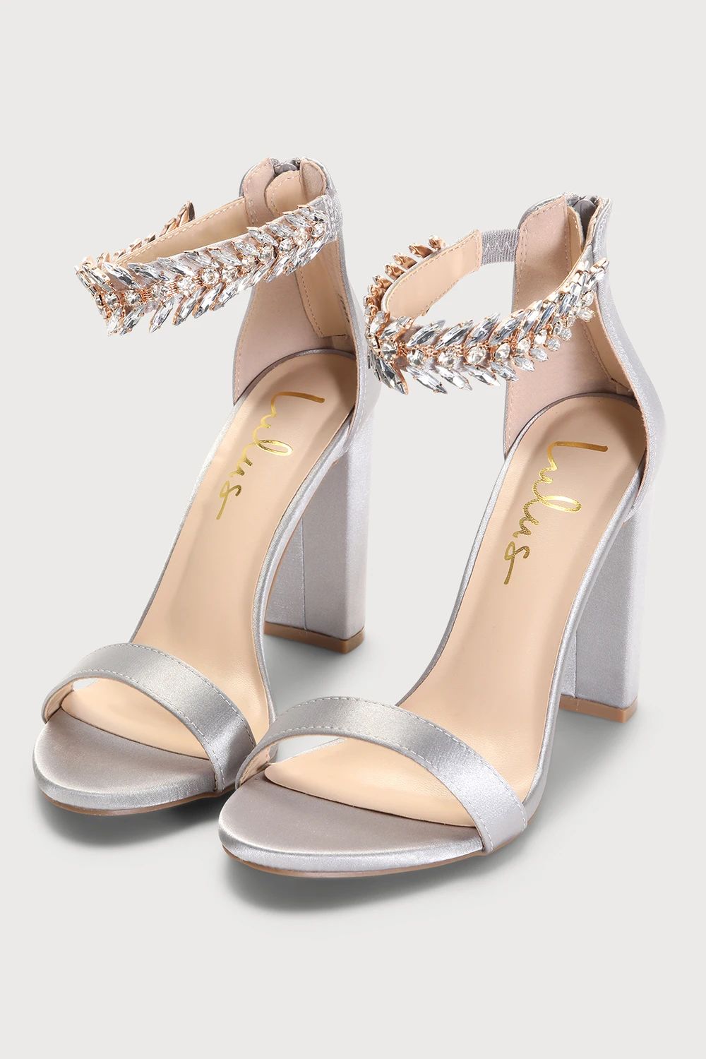 Mylan Silver Satin Rhinestone Ankle Strap Heels | Lulus (US)