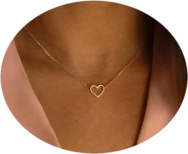 Amazon.com: Tewiky Heart Necklace, Cute Necklaces for Teen Girls 14k Gold Plated Trendy Open Hear... | Amazon (US)