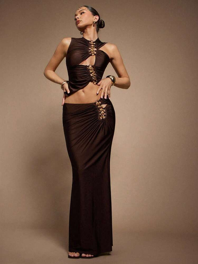 Hauture Women's Chain Detail Dark Brown Shine Sexy Summer Night Out Skirt | SHEIN