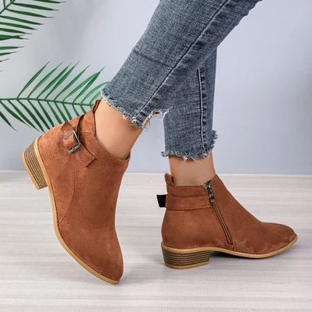 jsaierl Womens Slip on Ankle Boots Faux Suede Slip on Short Booties Pointed Toe Chunky Low Heel Dressy Western Booties with Side Zipper | Walmart (US)