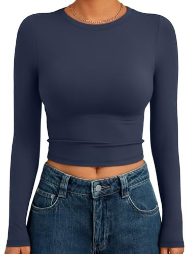 Trendy Queen Womens Long Sleeve Crop Tops Basic Slim Fitted Shirts Casual Fashion 2025 Going Out Y2k Tops Teen Girl Clothes Navy S | Amazon (US)