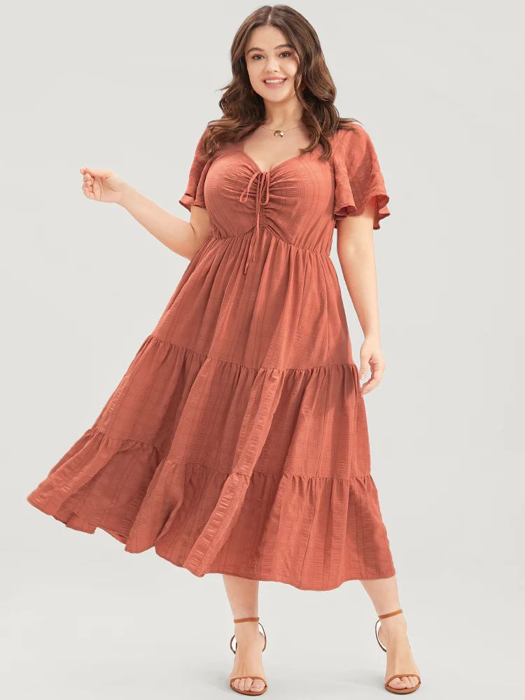 Plain Ruched Drawstring Pocket Ruffle Tiered Dress | Bloomchic