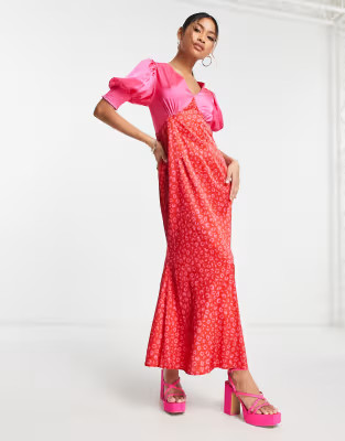 Never Fully Dressed puff sleeve contrast maxi dress in pink and red | ASOS (Global)