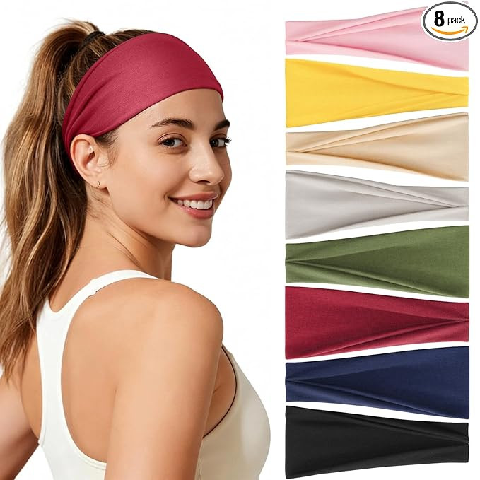 Awumbuk Headbands for Women, 8 Pack Non-Slip Moisture Wicking Sports Wide Head Bands, Stretchy El... | Amazon (US)
