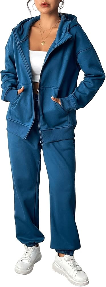 PINSPARK 2 Piece Sets for Women Fleece Sweatsuits Zip Up Hoodie Sweatshirts Drawstring Jogger Swe... | Amazon (US)