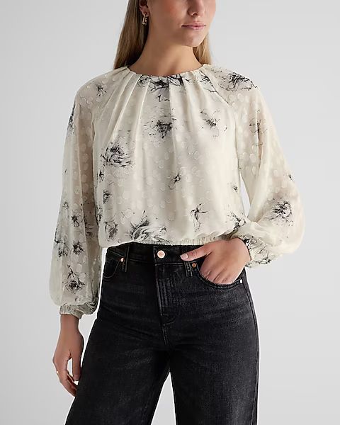 Floral Print Gathered Neck Balloon Sleeve Top | Express