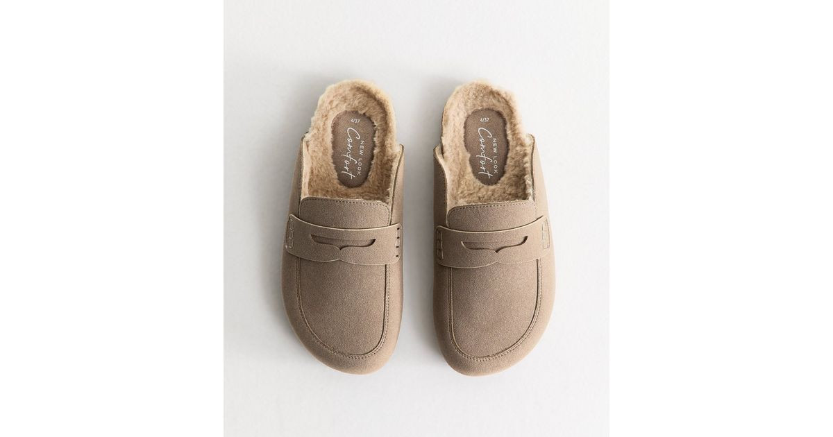 Women's Light Brown Faux Suede Borg Loafer Mules Vegan New Look | New Look (UK)