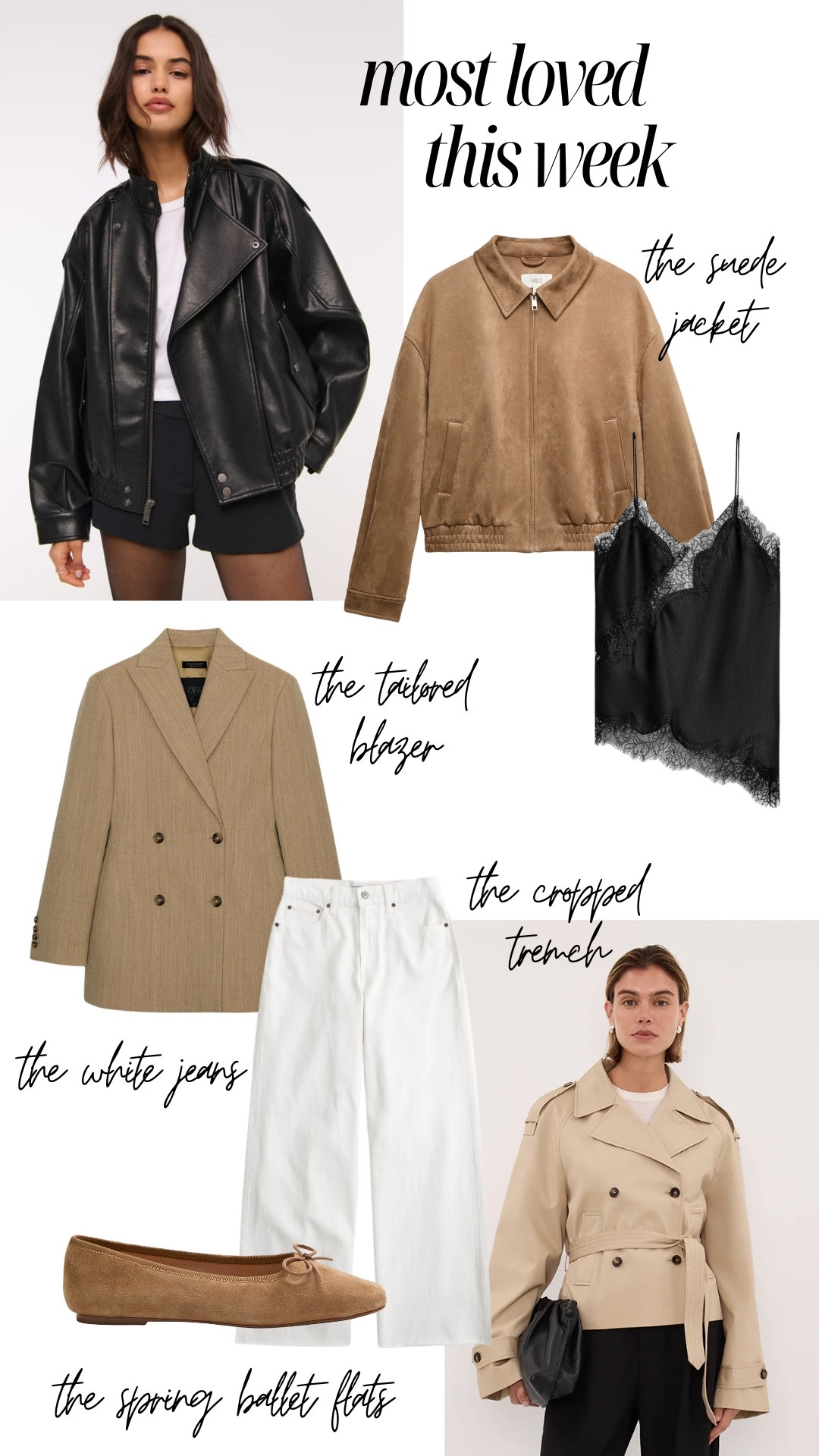 Your most loved this week 🤍 spring jackets, leather and faux suede, cropped trench coat, tan spring blazer and ballet flats, white jeans and a nice lace top

#LTKstyletip 

#LTKspring