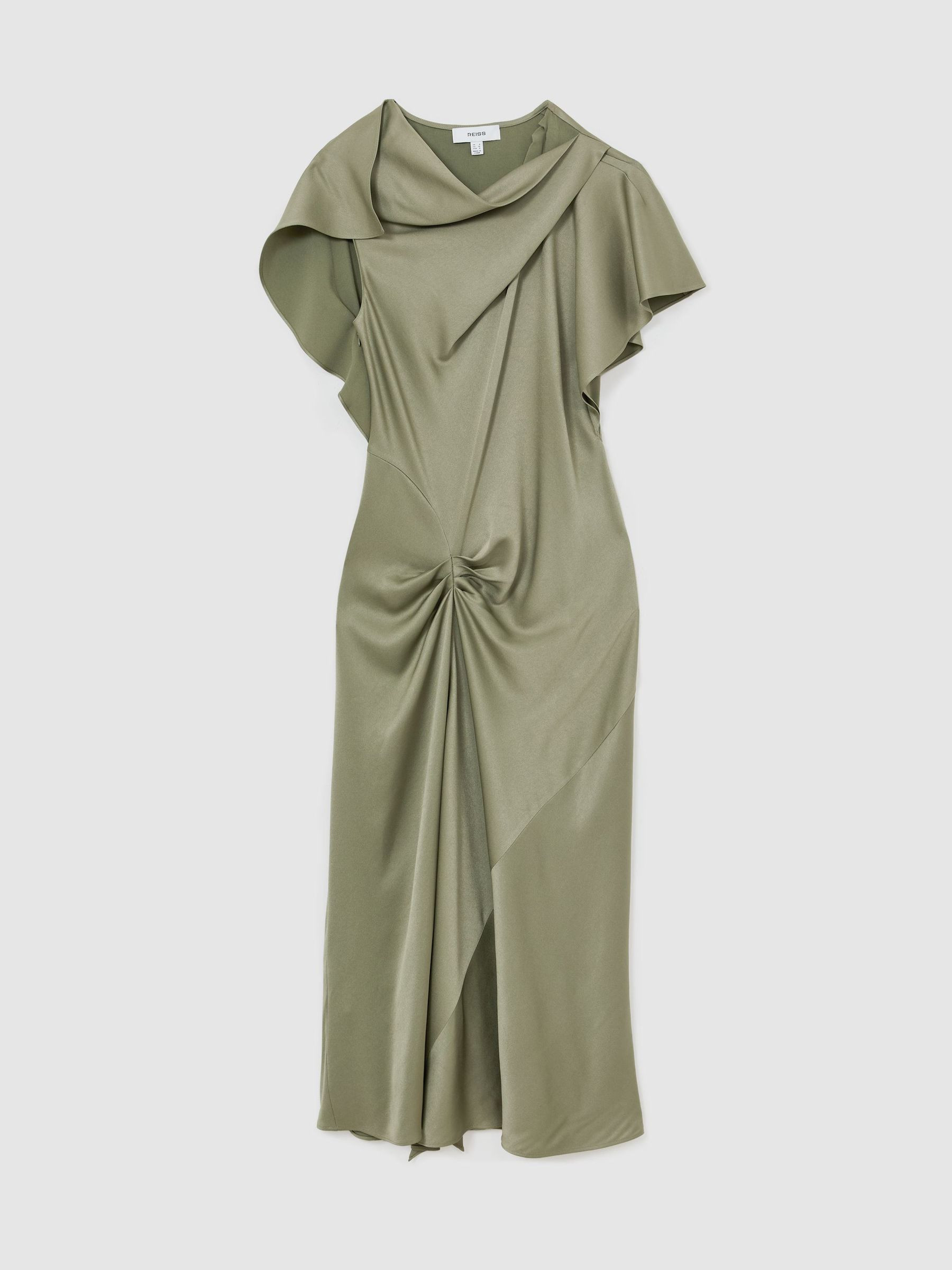 Reiss Satin Drape-Detail Midi Dress in Khaki Green - REISS | Reiss UK