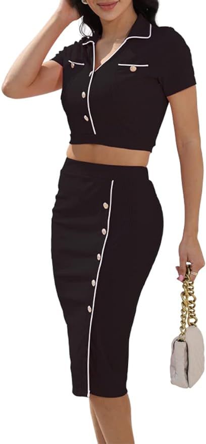 MOEENCN 2 Piece Skirt Outfits for Women Long Sleeve Button Crop Top Sexy Bodycon Mini Elegant Dre... | Amazon (US)