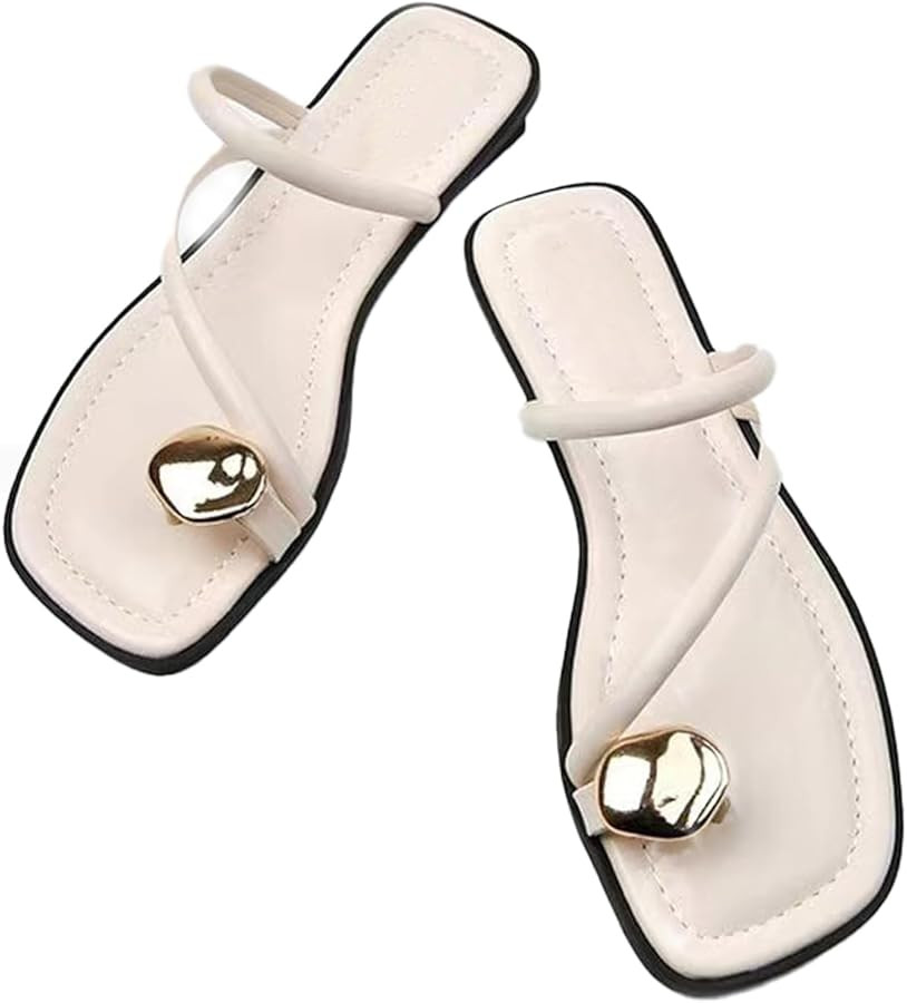 HDFDB Women'S Leather Strappy Flat Metal Toe Ring Sandals Fashionable Square Open Toe Low Block H... | Amazon (US)