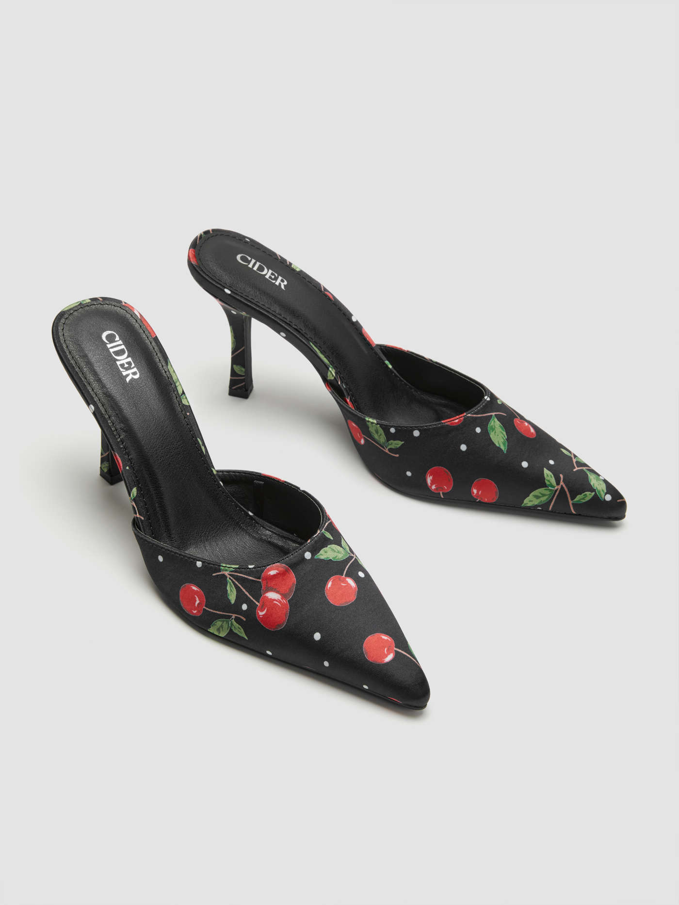 Valentine rush outfits CHERRY PATTERN POINTED TOE SATIN HEELS For Daily Casual Date | Cider