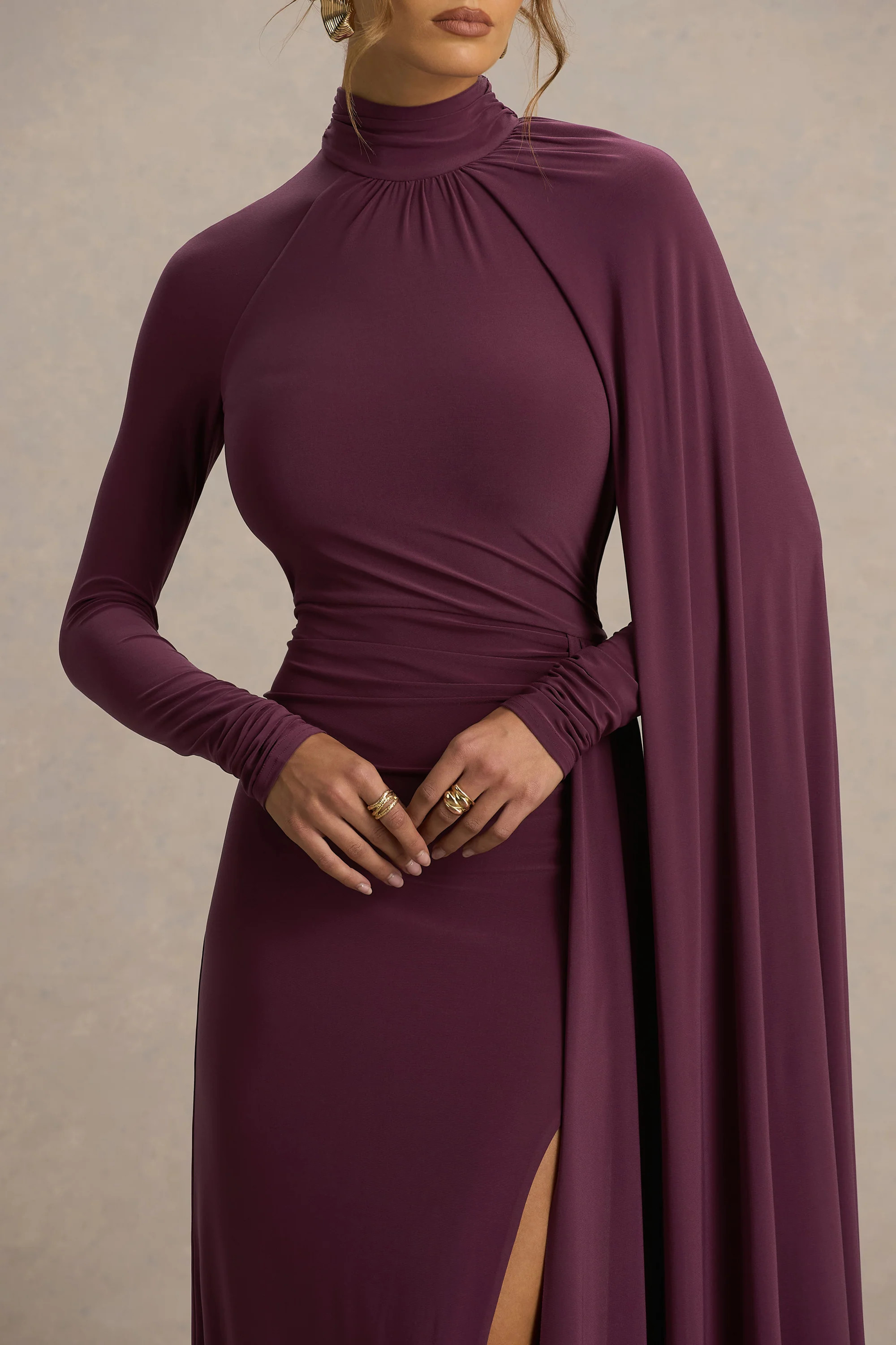Anticipation | Burgundy High-Neck Maxi Dress With Front Split And Ruched Detailing | Club L London