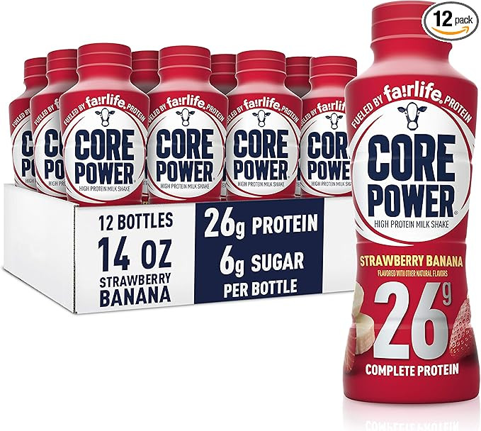 Core Power Protein Shake, Strawberry Banana, 26g Bottle, 14oz, 12 Pack | Amazon (US)