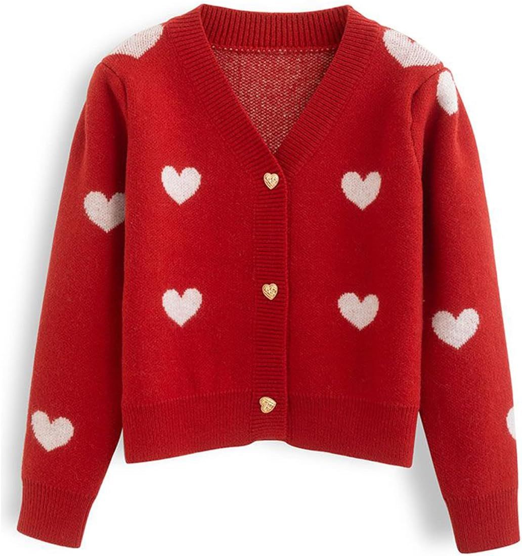CHICWISH Women's Red/Ivory Soft Heart Cropped Knit Cardigan | Amazon (US)