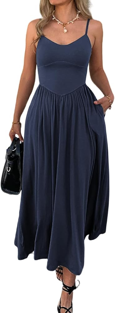 Womens Spaghetti Strap Maxi Dresses Summer Casual Sleeveless A Line Long Flowy Dress with Pockets... | Amazon (US)