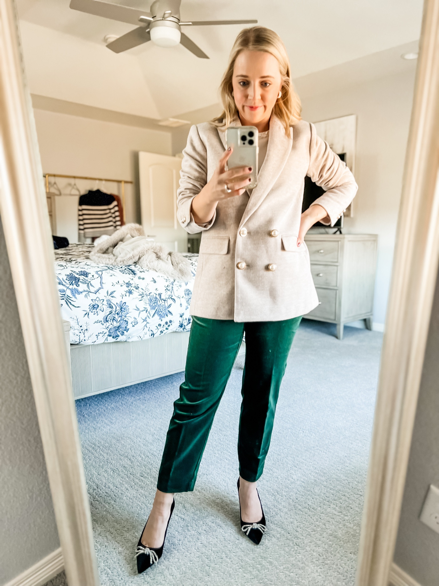Herringbone blazer with pearl details. Wearing 4 petite. 4 petite velvet pants. Both fit TTS. Holiday outfit. Petite outfit. Holiday party. Blazer. Double breasted blazer. Petite. 

#LTKHoliday #LTKsalealert