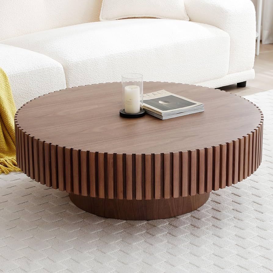 31.49'' Walnut Round Coffee Table for Living Room, Modern Wood Nesting Coffee Table Handcraft Cir... | Amazon (US)
