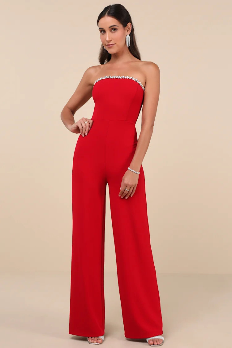 Lavish Muse Red Rhinestone Strapless Jumpsuit | Lulus