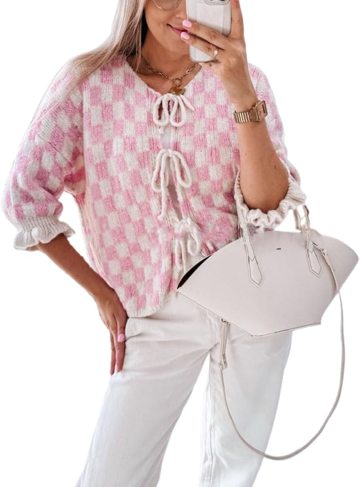 Women Checkered Cardigan Sweaters Bow Tie Front Ruffle Short Sleeve Cardigans Oversized Y2K Plaid... | Amazon (US)