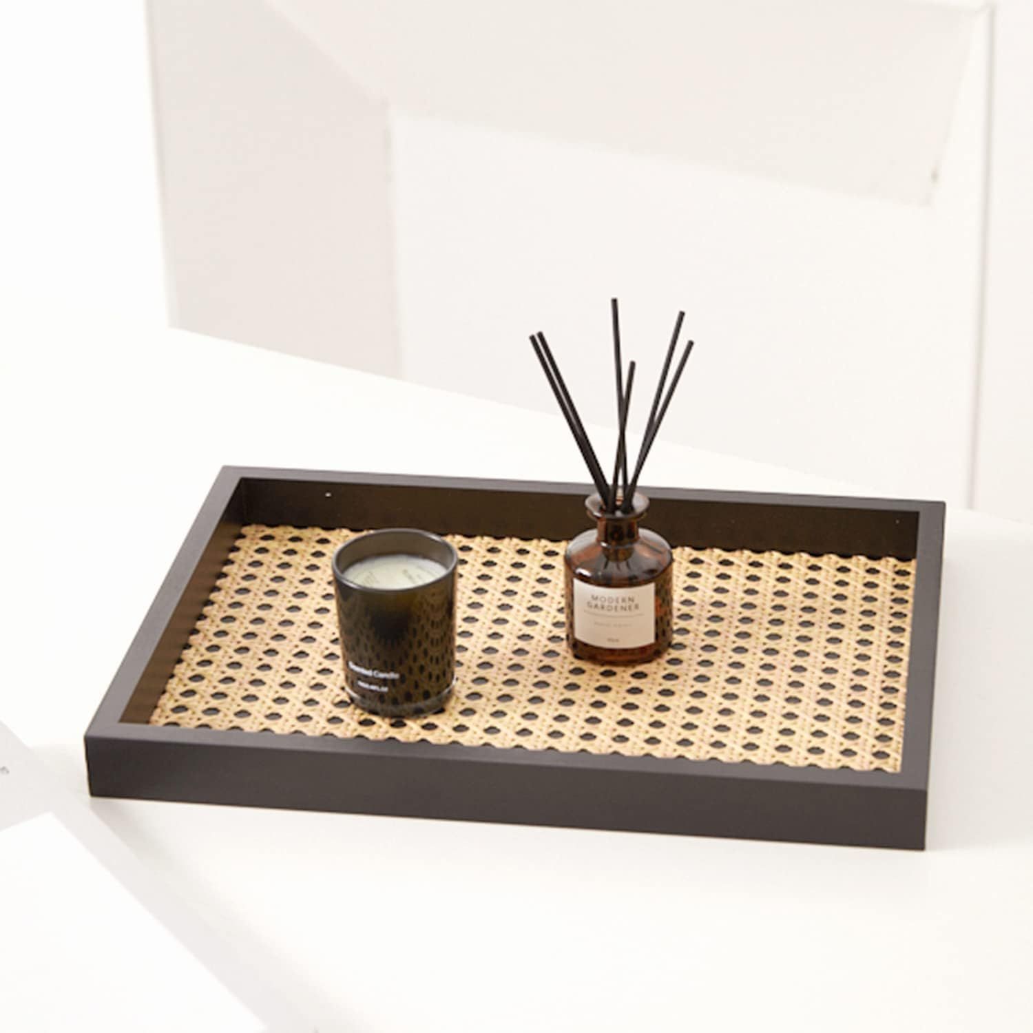 Decorative Tray Rectangle Rattan Trays with Black Wooden Frame, Wood Serving Tray for Coffee Tabl... | Amazon (US)