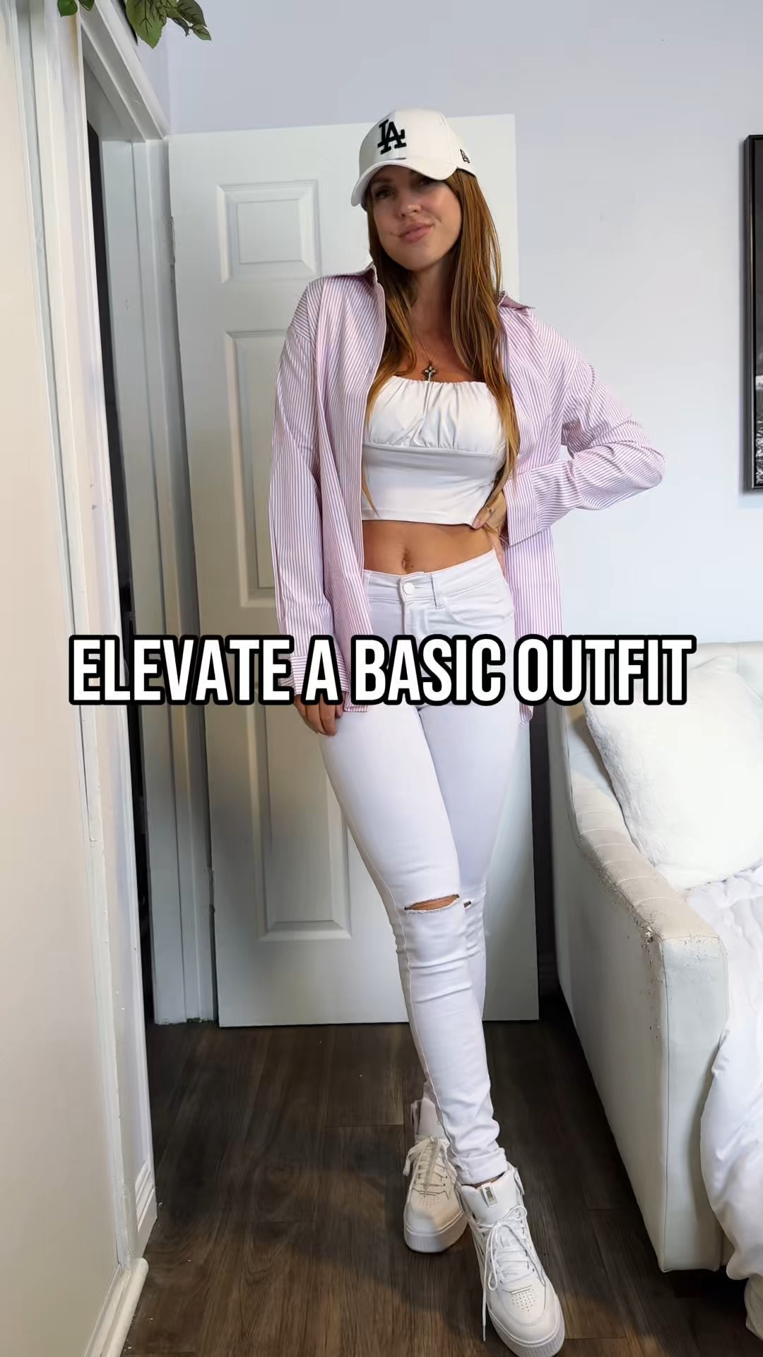 easy way to elevate a basic outfit✨ add a button down blouse to your fit! simple, easy and chic 💕 love this cute stripped pink one from amazon on my LTK!🎀