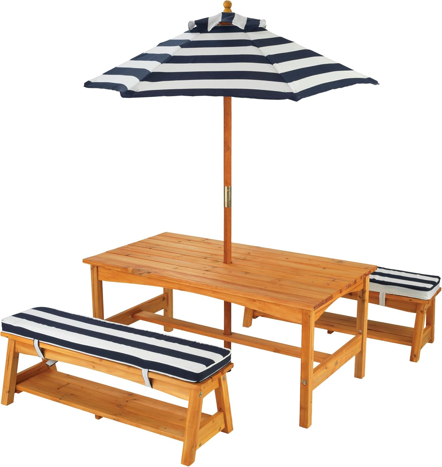 KidKraft Outdoor Wooden Table & Bench Set with Cushions and Umbrella, Kids Backyard Furniture, Navy and White Stripe Fabric | Amazon (US)