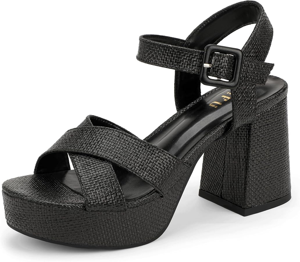 IDIFU Women's Raffia Platform Chunky Heels Block High Heel Sandals Round Open Toe Ankle Strap Sho... | Amazon (US)