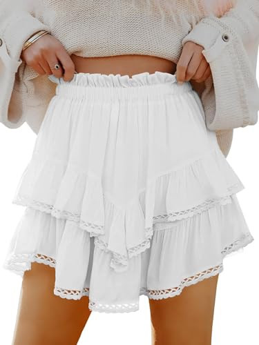 firfig Women's High Waist Ruffle Mini Skirt Cute Tiered Short Skirt with Shorts Lace Summer Skorts, White, Large | Amazon (US)