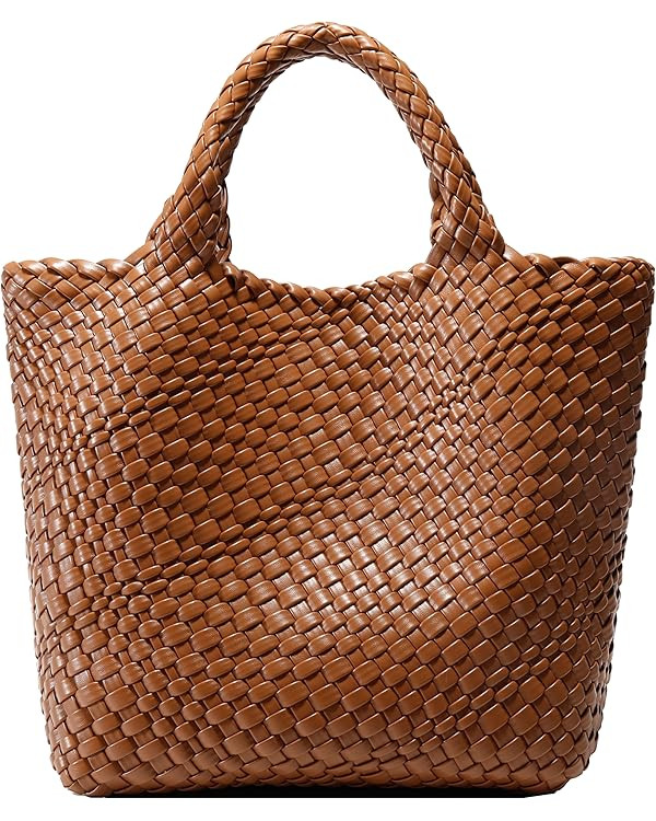 Woven Bag for Women, Vegan Leather Tote Bag Large Summer Beach Travel Handbag and Purse Retro Han... | Amazon (US)